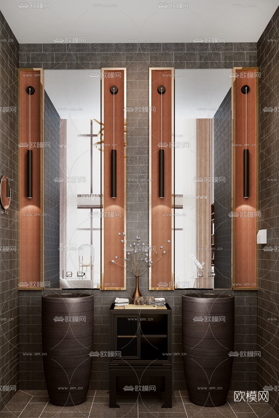 HMD设计 新中式卫生间陶缸洗手台3d模型下载（渲染图1）