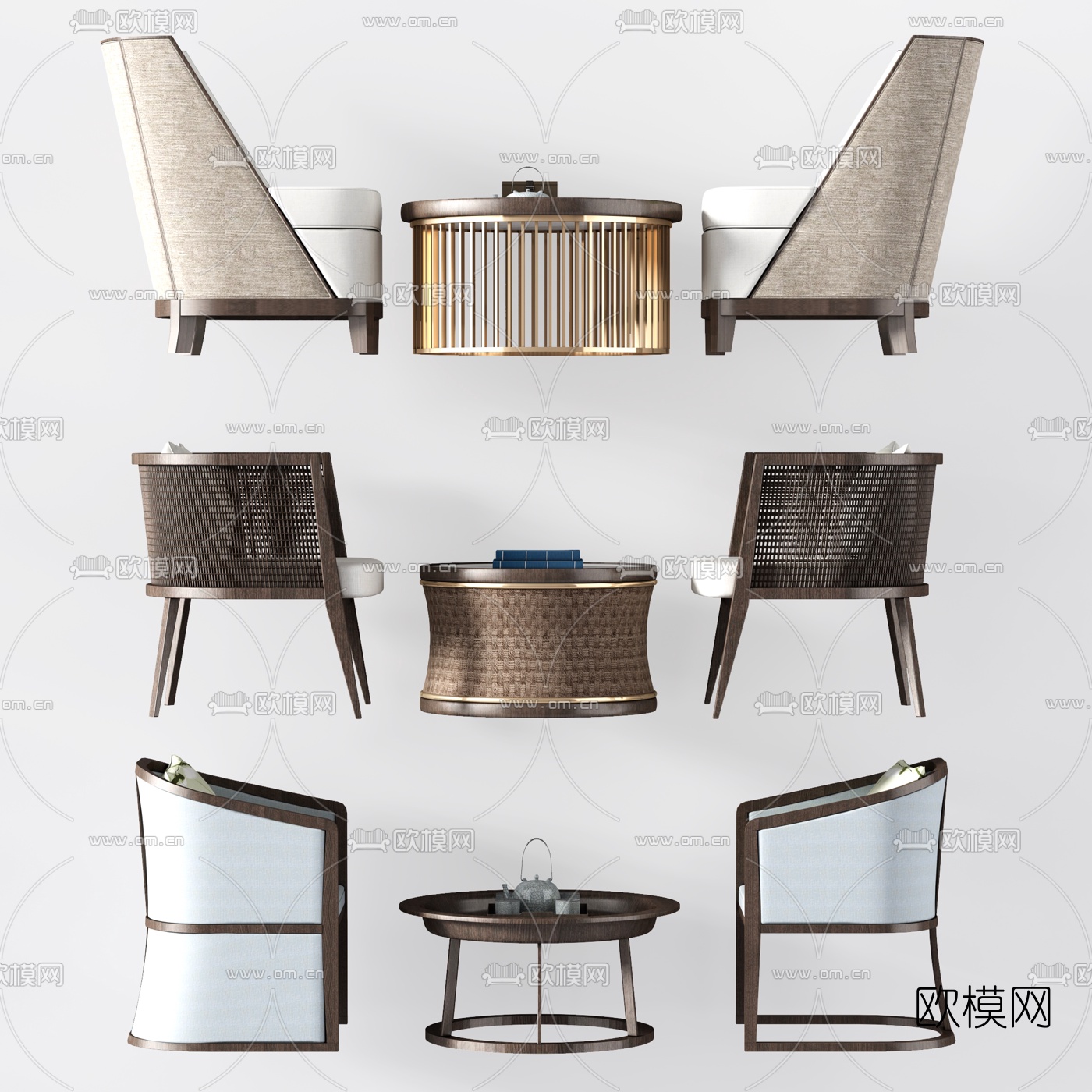中式藤编椅子圆几组合3D模型下载