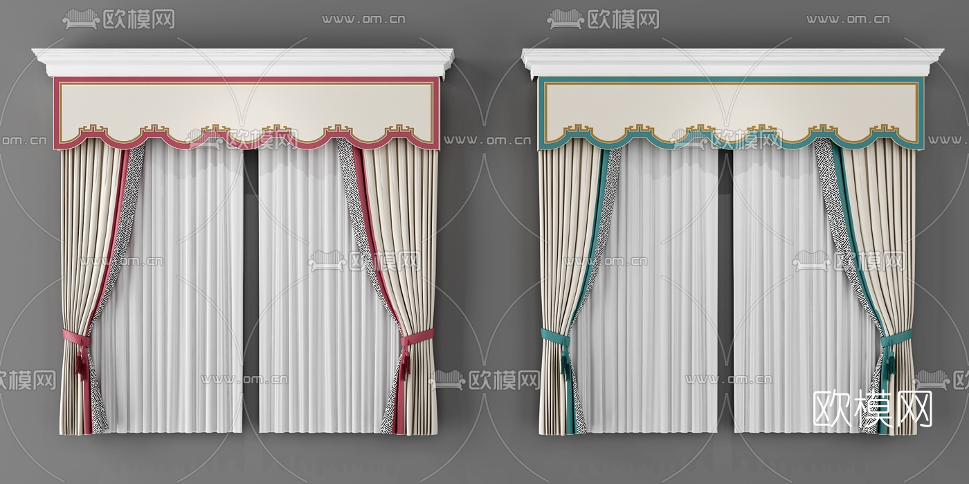 新中式布艺窗帘3d模型下载