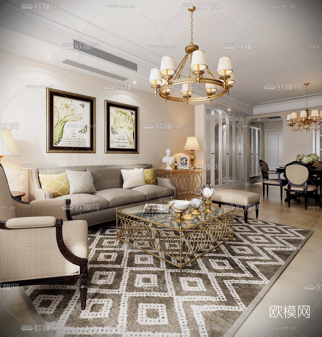 美式客厅餐厅3D模型下载