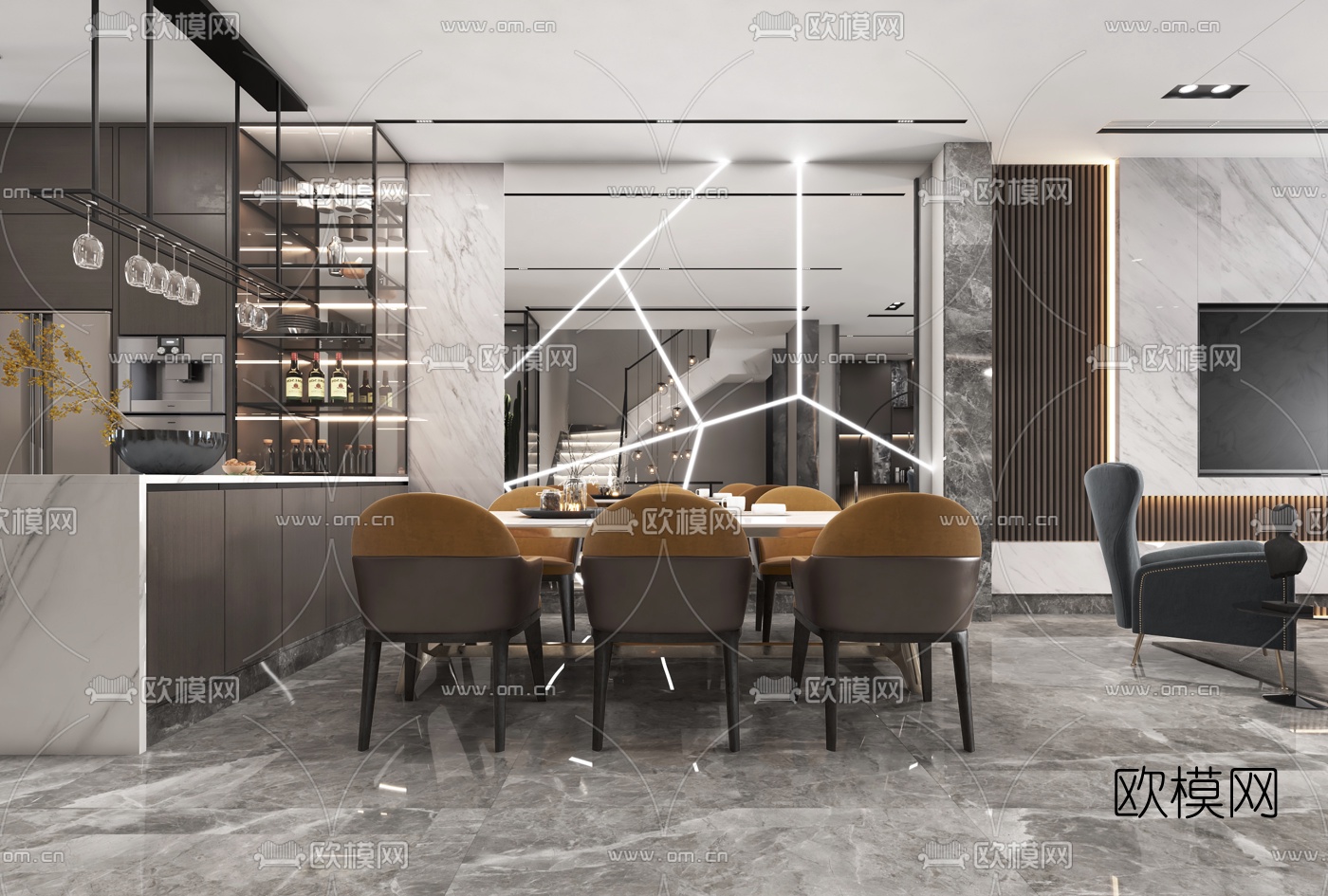 现代高级灰客厅餐厅3d模型