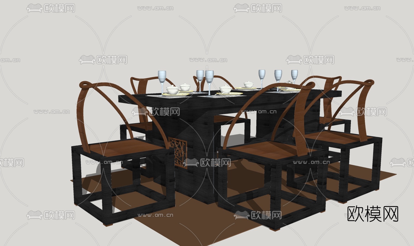 新中式餐桌椅免费su模型下载（渲染图1）