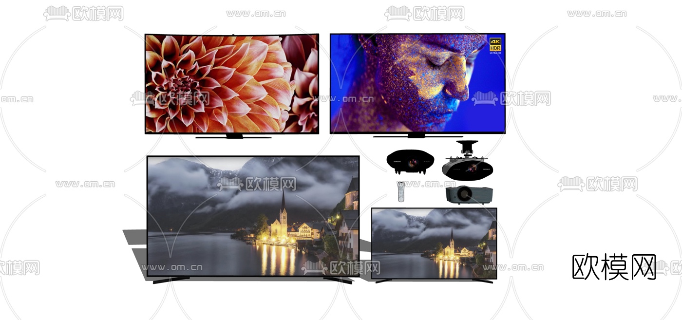 现代曲屏电视机投影仪组合su模型下载（渲染图1）