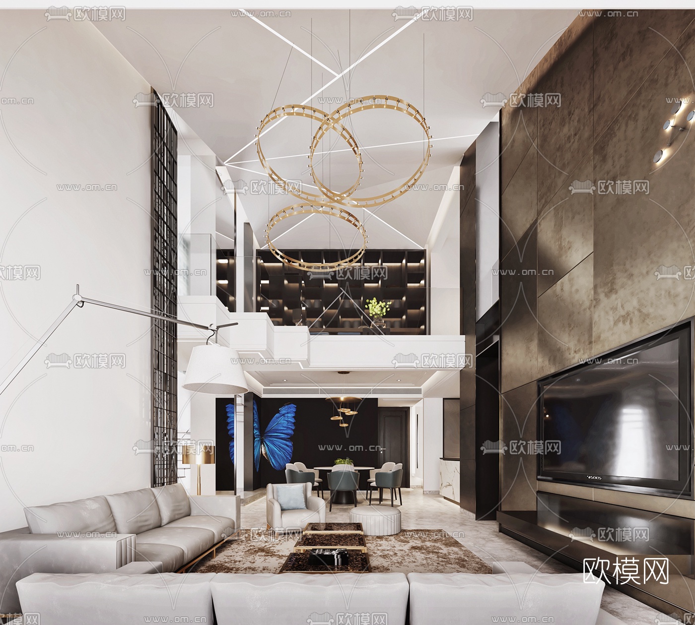 现代别墅客厅餐厅书房3D模型下载（渲染图1）