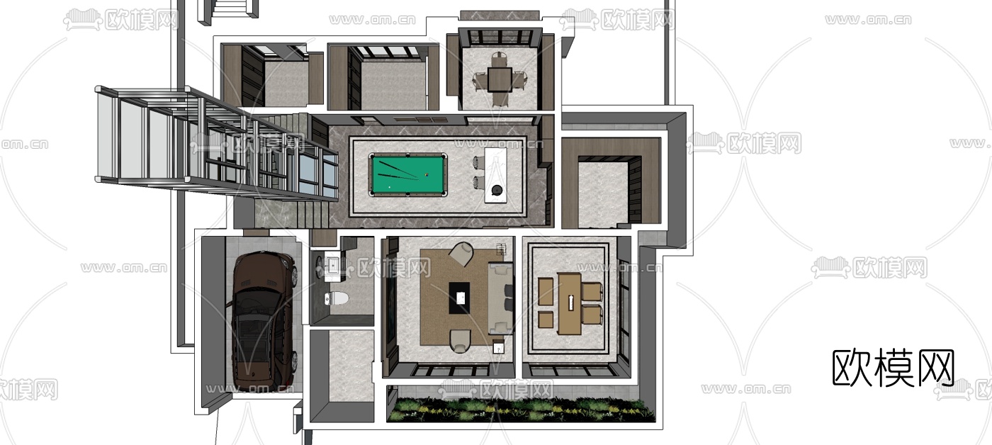 新中式台球室su模型下载（渲染图1）