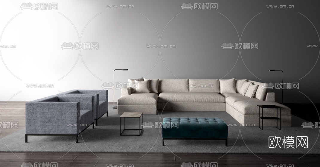 意大利Meridiani 现代布艺转角沙发组合3D模型-免费3dmax模型库-欧模网