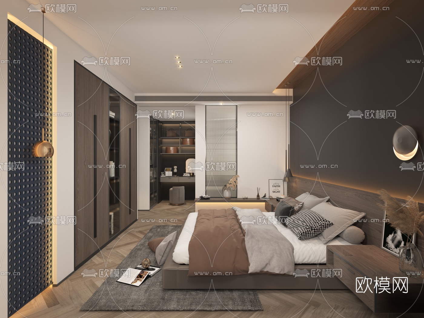 现代卧室厨房卫生间3d模型下载（渲染图1）