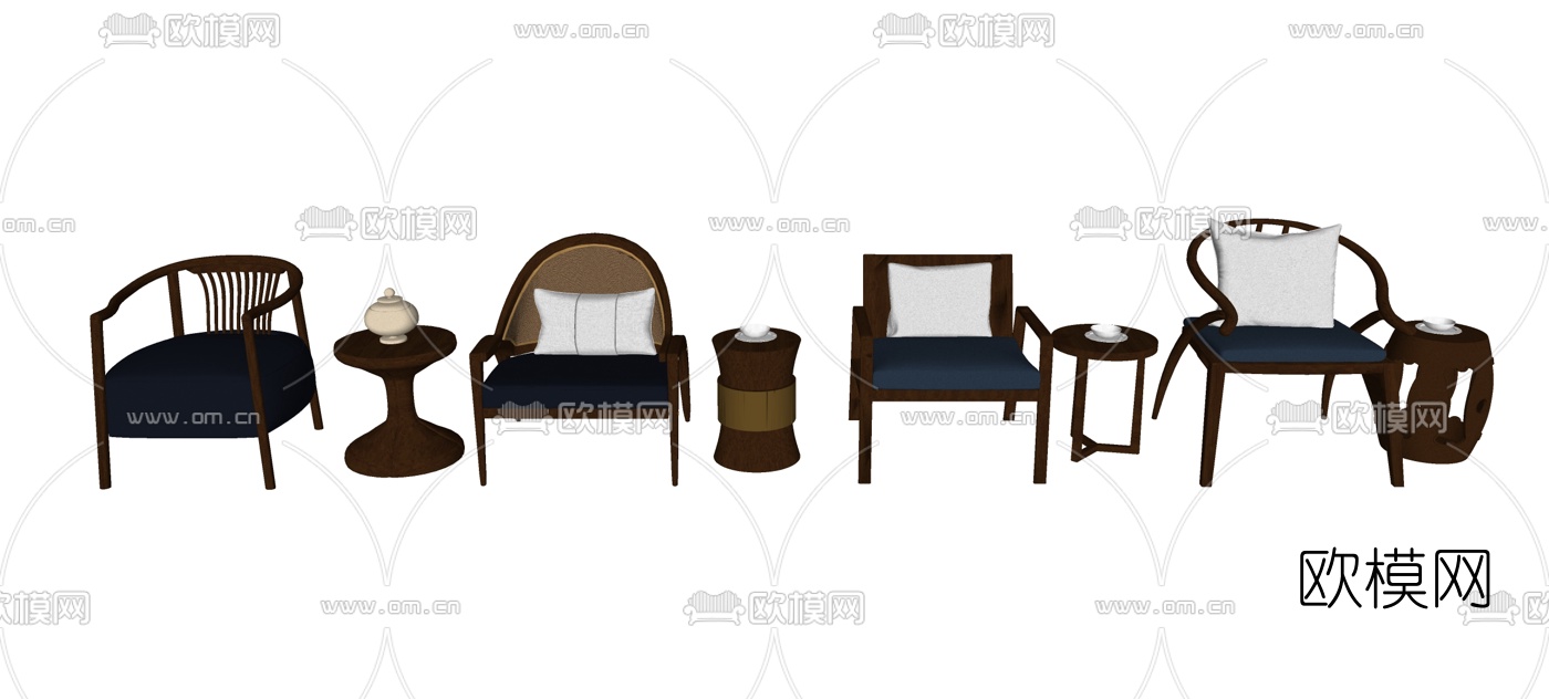 新中式实木单椅组合su模型下载