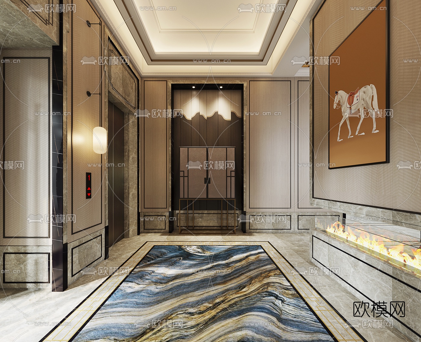 新中式酒店电梯厅3d模型下载