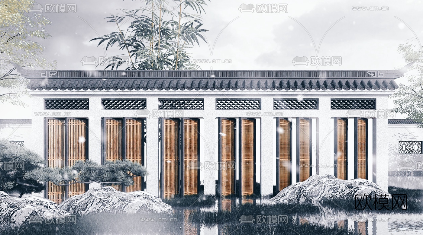 中式园林景观墙影壁墙3d模型下载