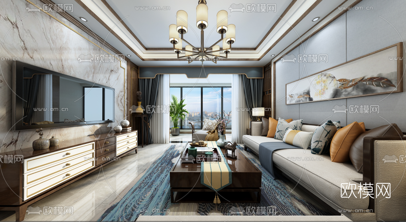 新中式客厅全景3d模型