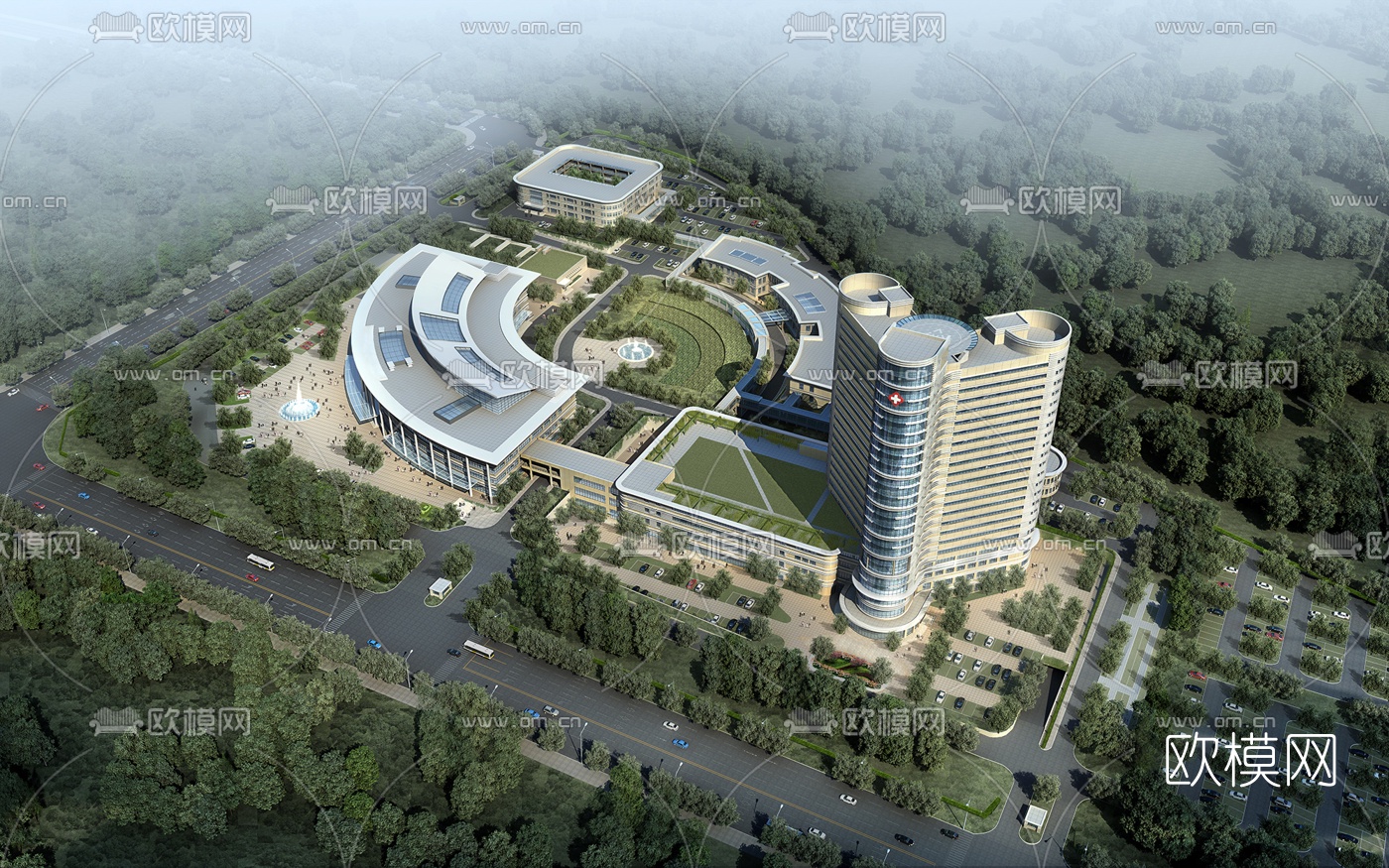 现代医院建筑鸟瞰3d模型