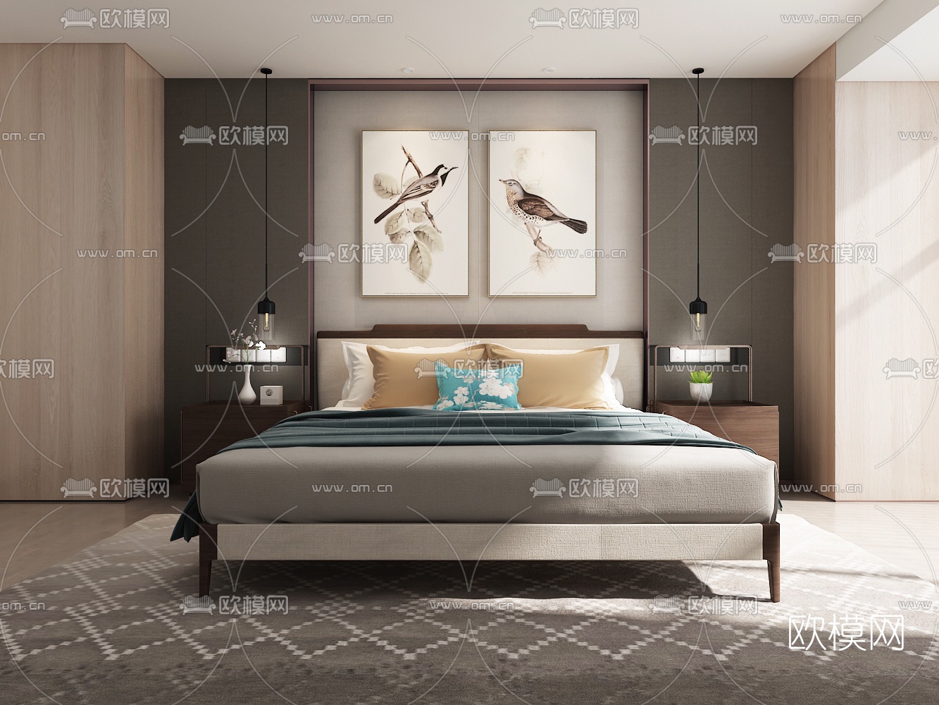 北欧双人床床头柜3d模型下载（渲染图1）