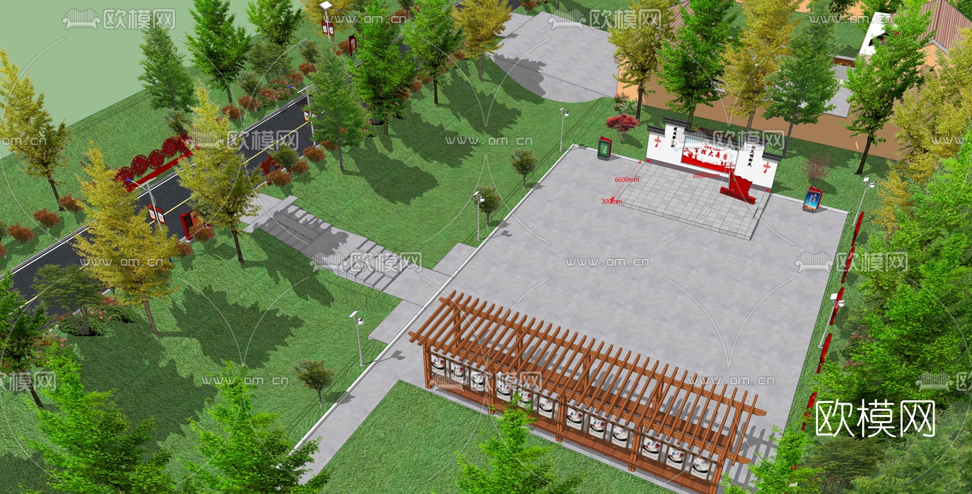 新中式党群服务广场景观su模型下载（渲染图4）