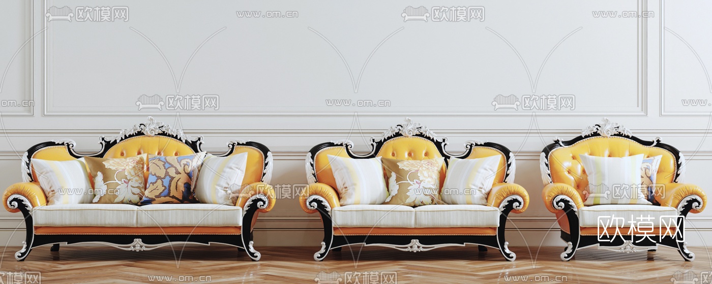 法式布艺多人双人单人沙发组合3D模型下载