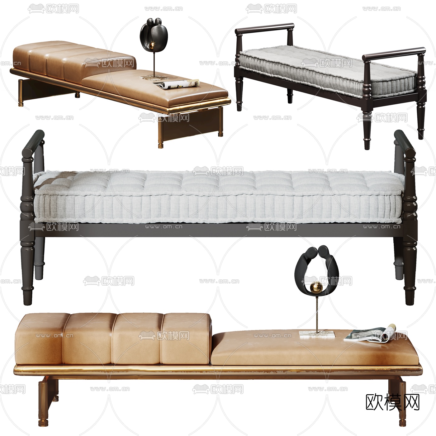 新中式皮革床尾凳3d模型下载（渲染图1）