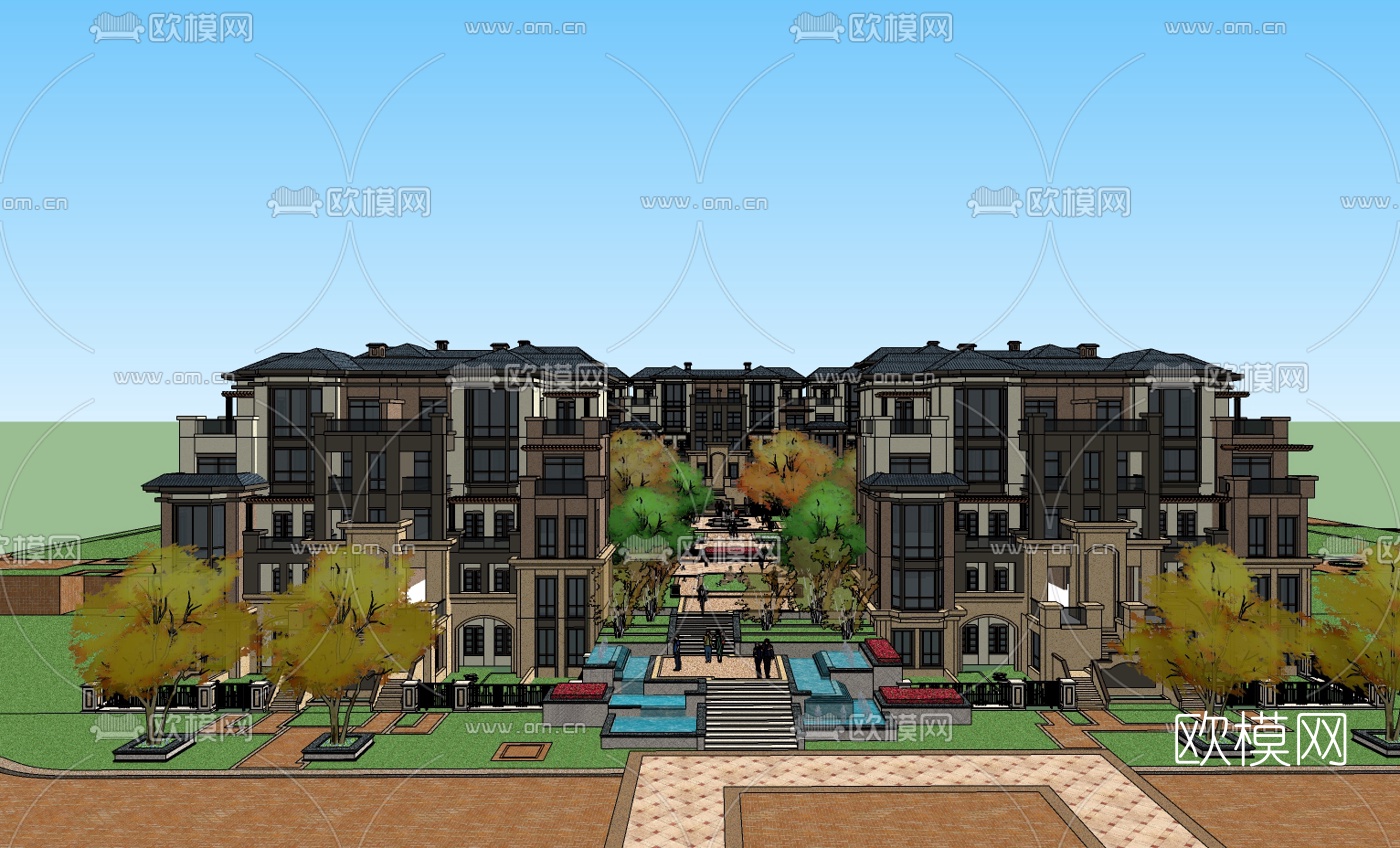 欧式小区规划免费su模型下载（渲染图2）
