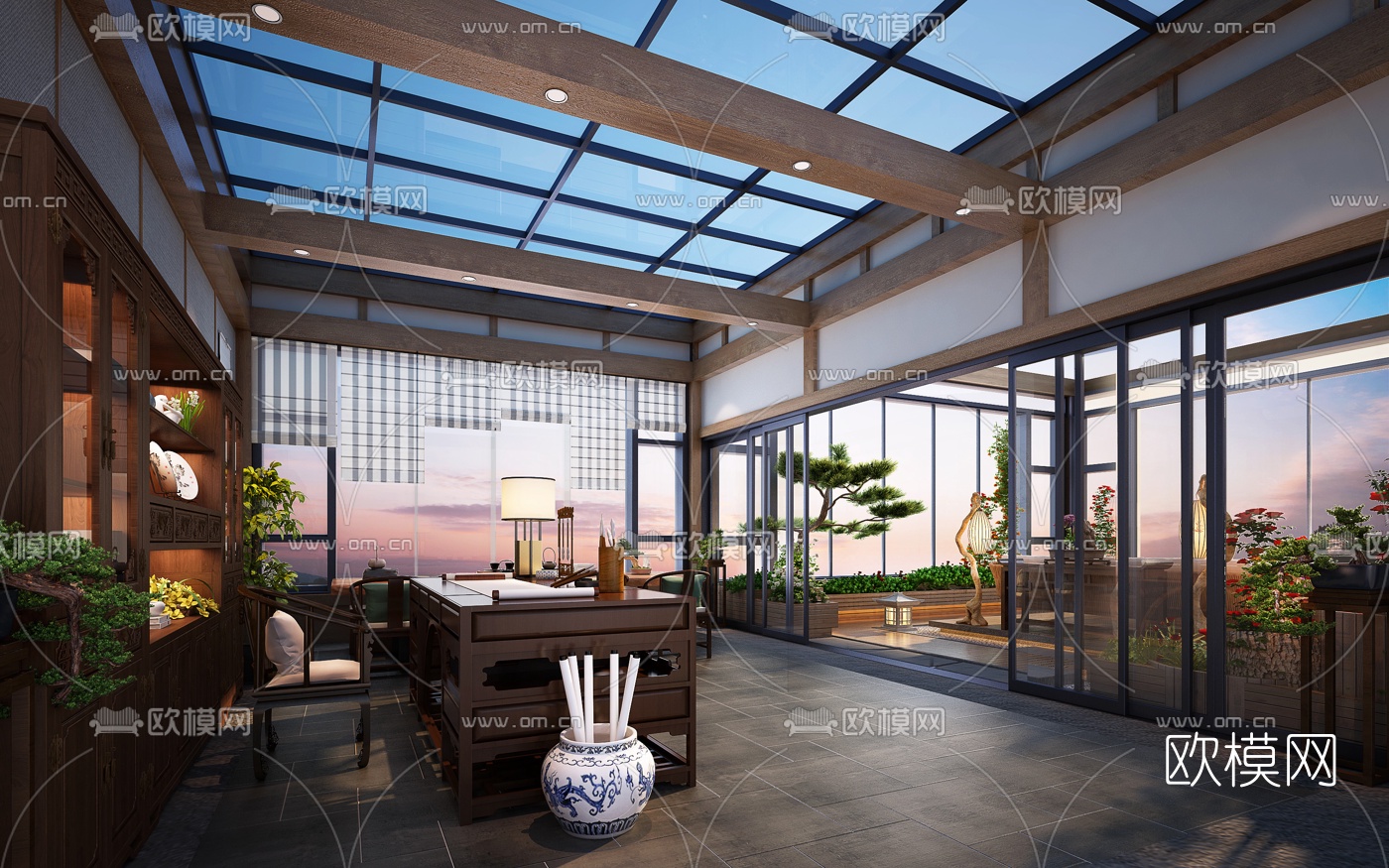 新中式阳台花园景观3D模型