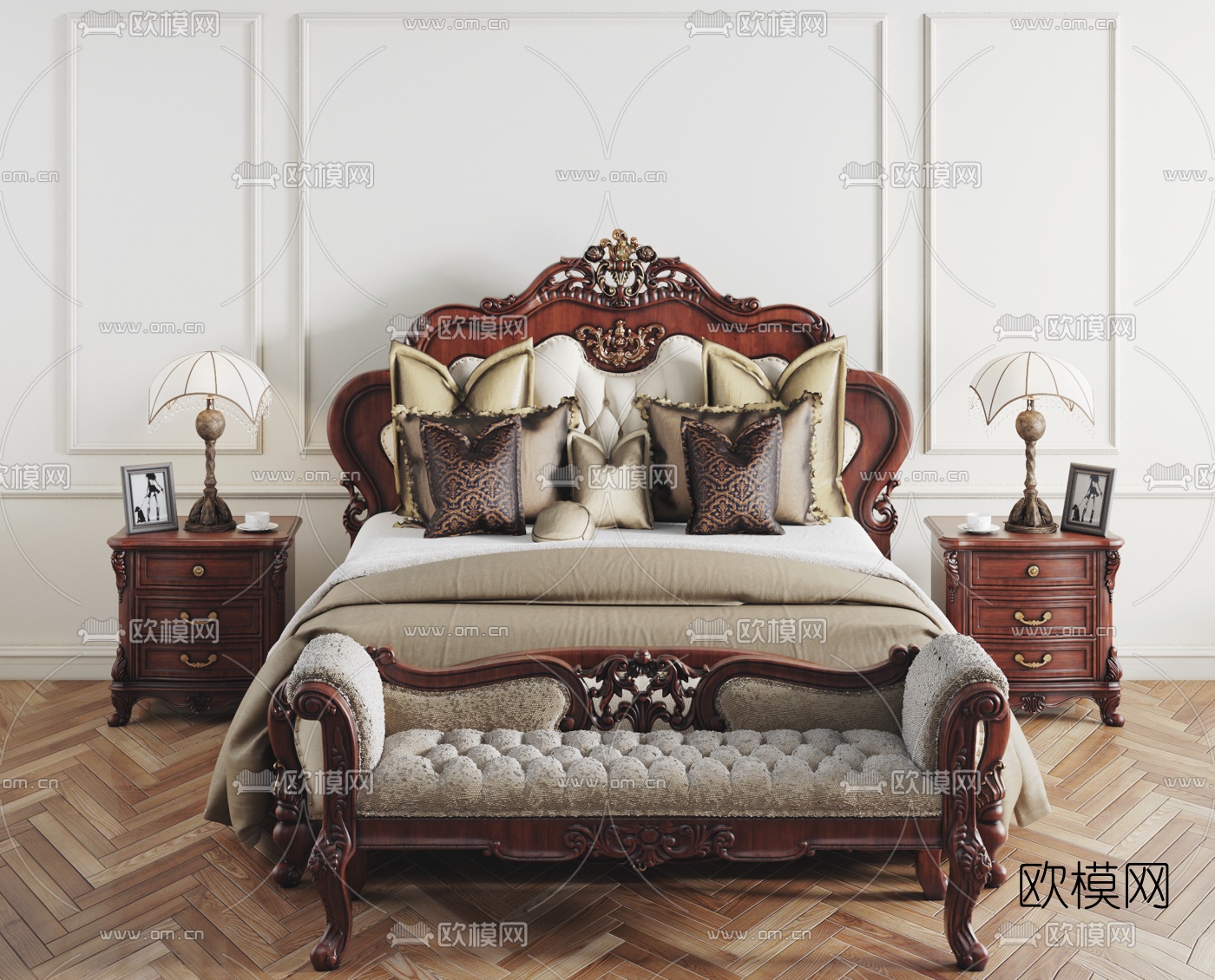 法式布艺双人床床头柜摆件组合3D模型下载