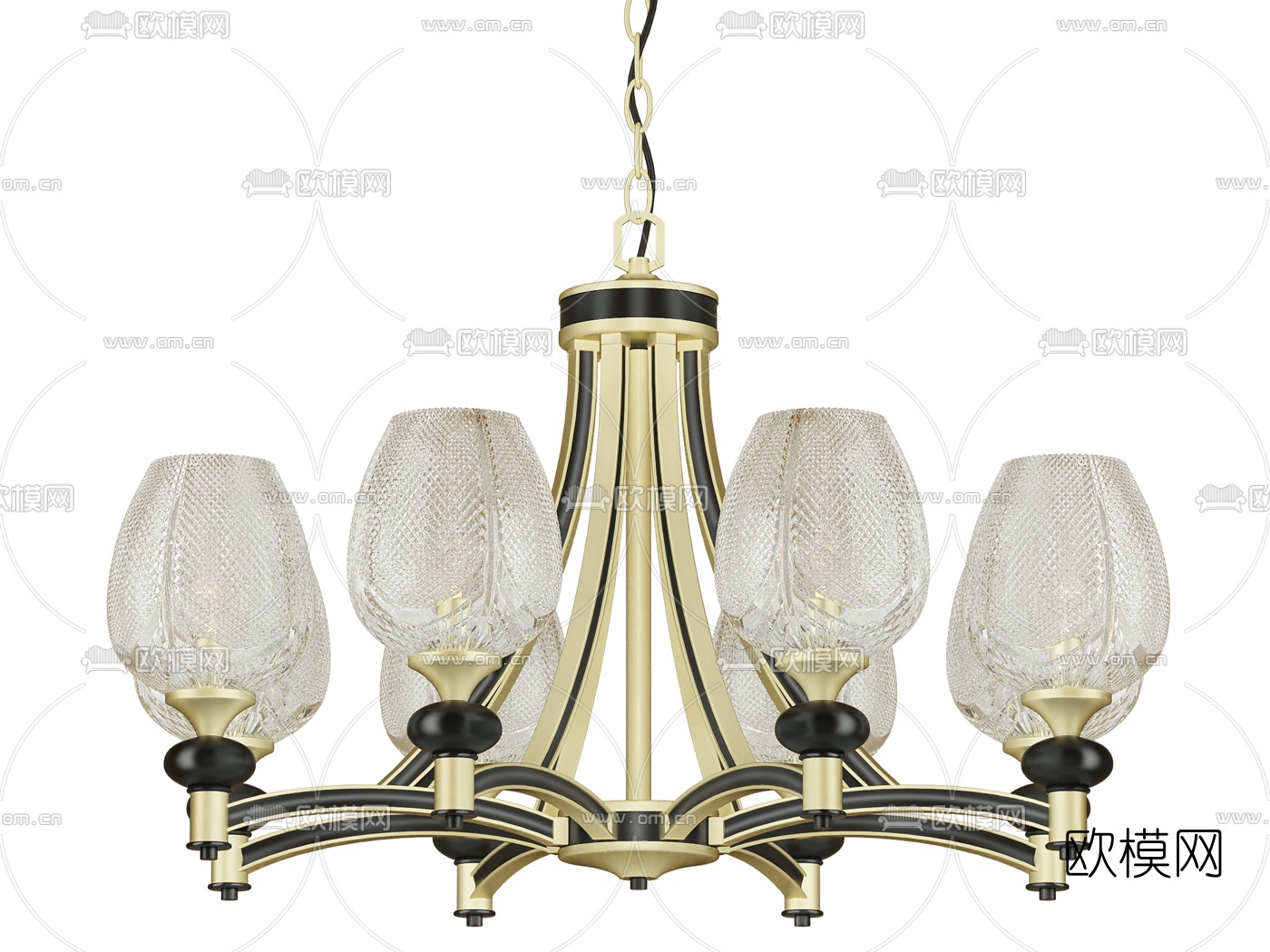 新中式金属玻璃多头吊灯3d模型下载（渲染图3）