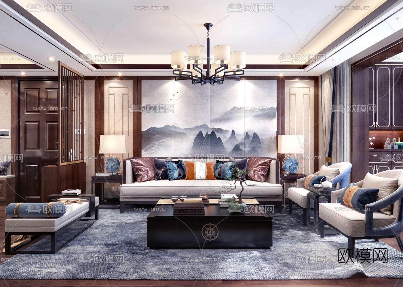 新中式客厅餐厅全景3d模型