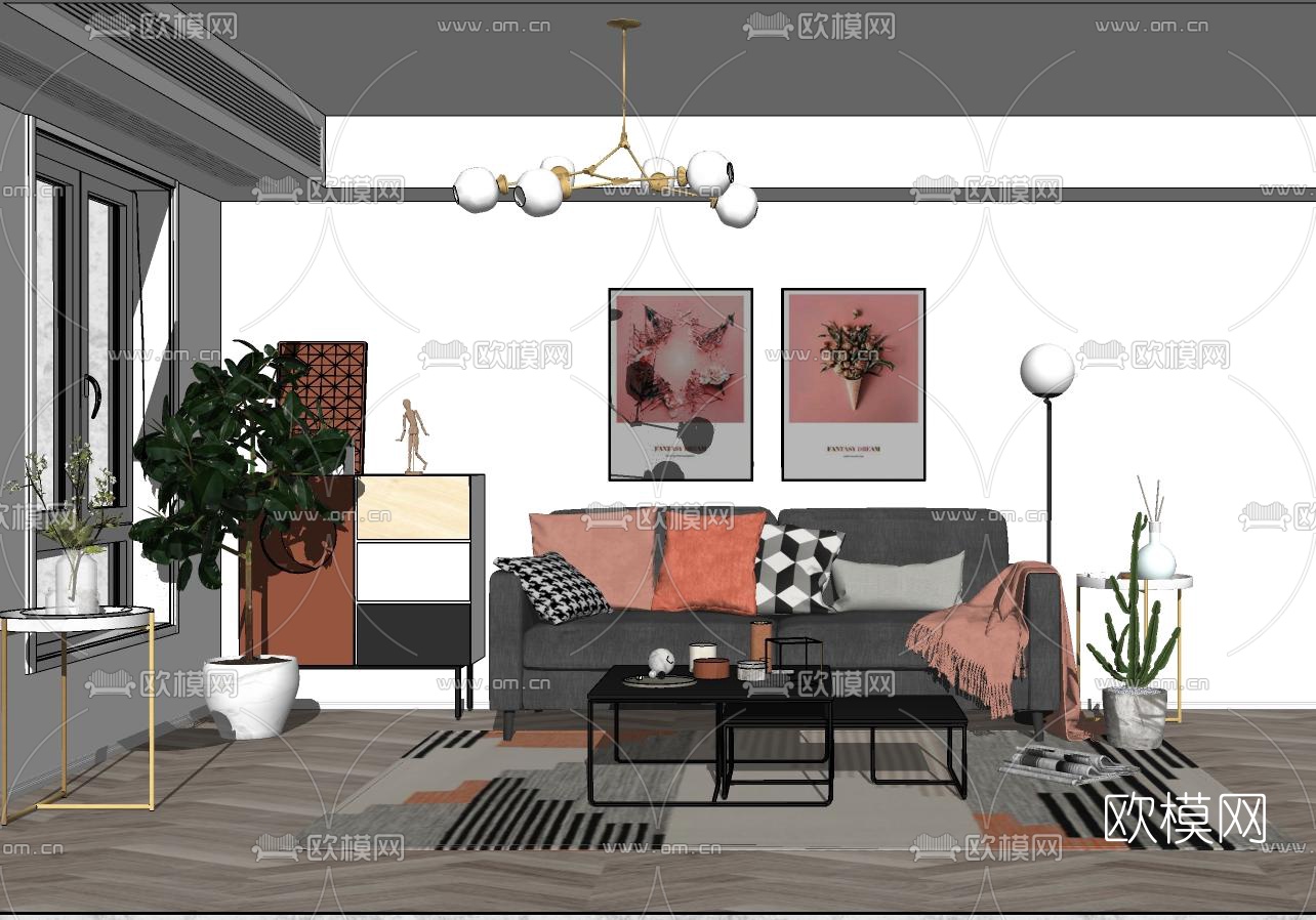 北欧客厅su模型下载（渲染图1）