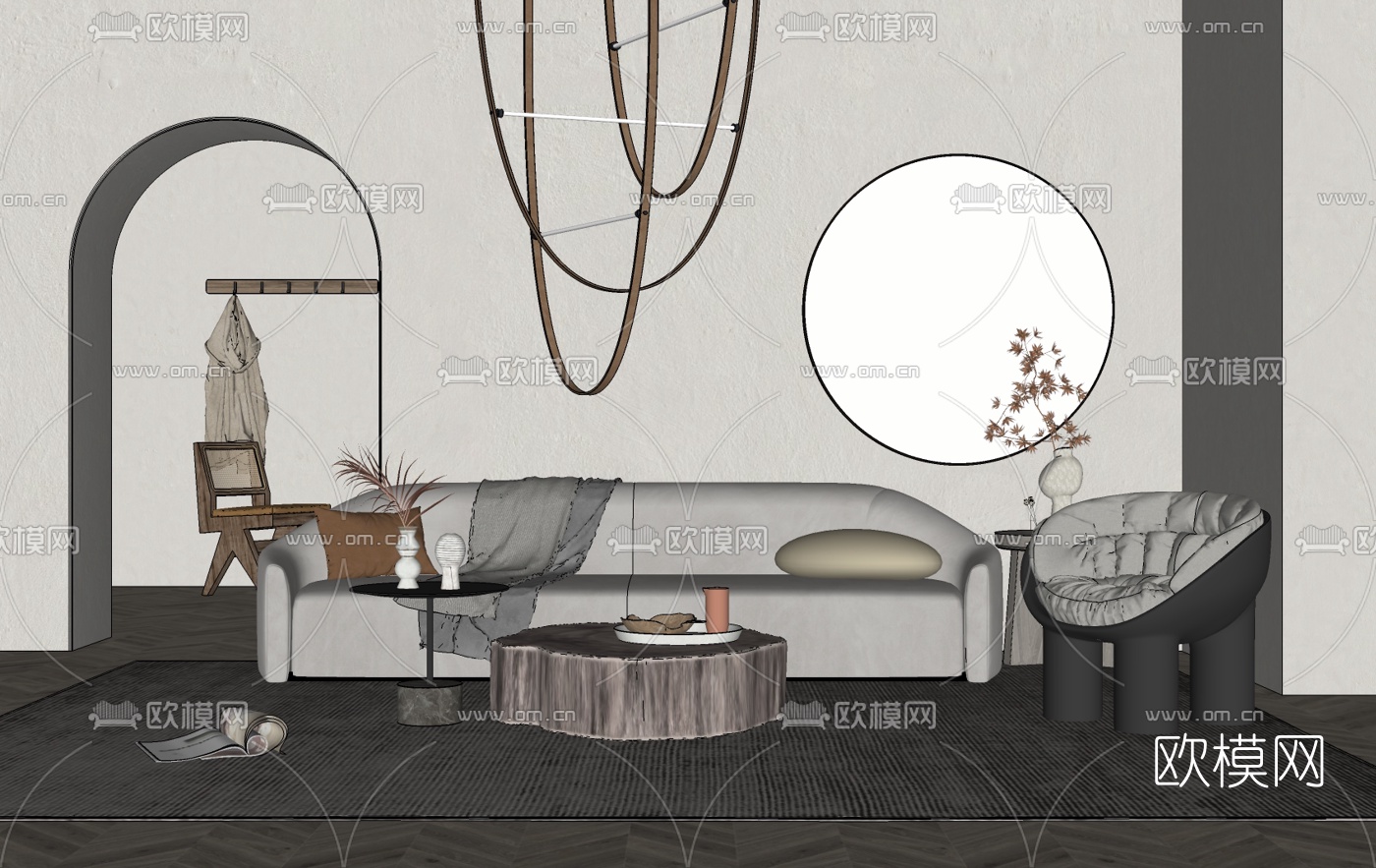 侘寂布艺组合沙发su模型下载