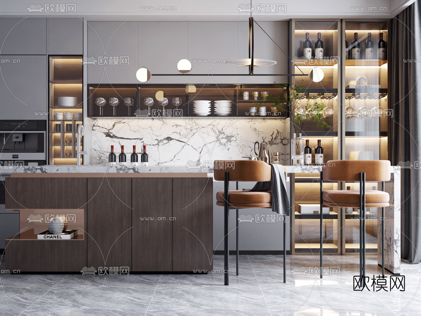 现代轻奢中岛柜吧台椅3d模型下载