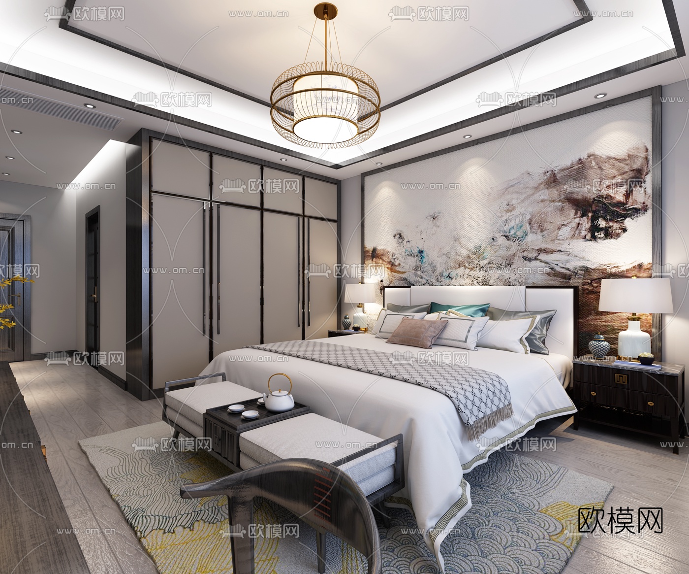 新中式主卧室3D模型下载_ID10172443_3dmax免费模型-欧模网