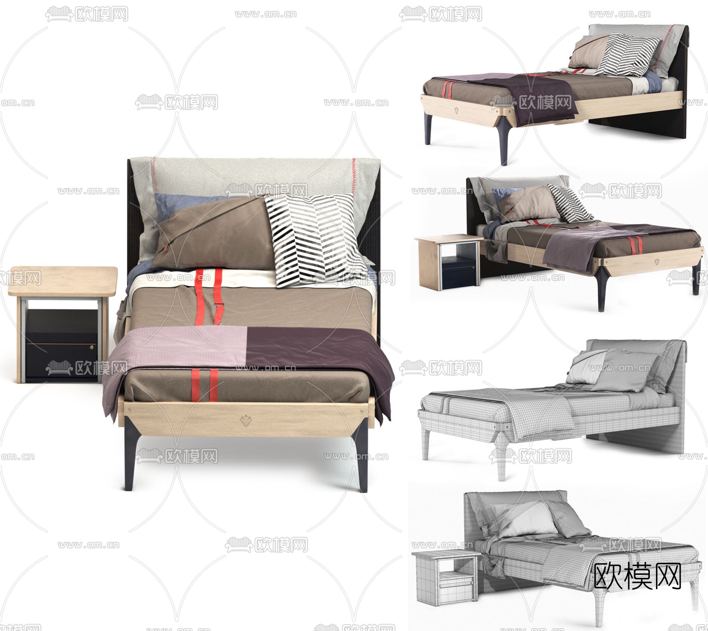 现代实木简约单人床3d模型下载