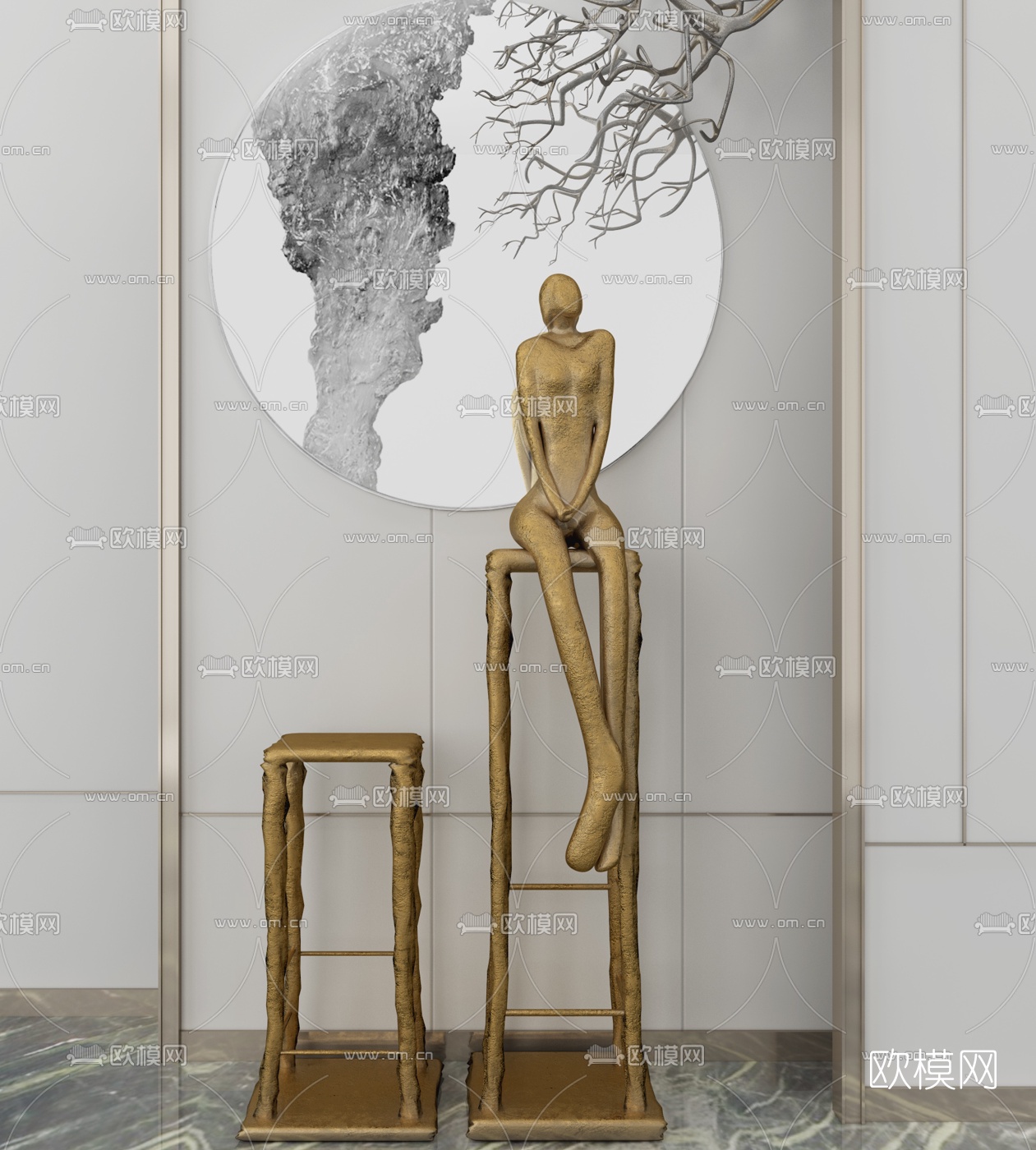 新中式人物雕塑艺术品3d模型下载