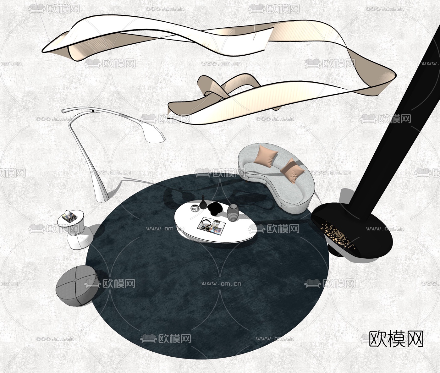 现代布艺弧形多人沙发su模型下载（渲染图1）