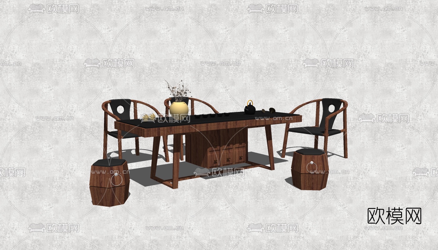 新中式茶桌椅组合su模型下载（渲染图2）