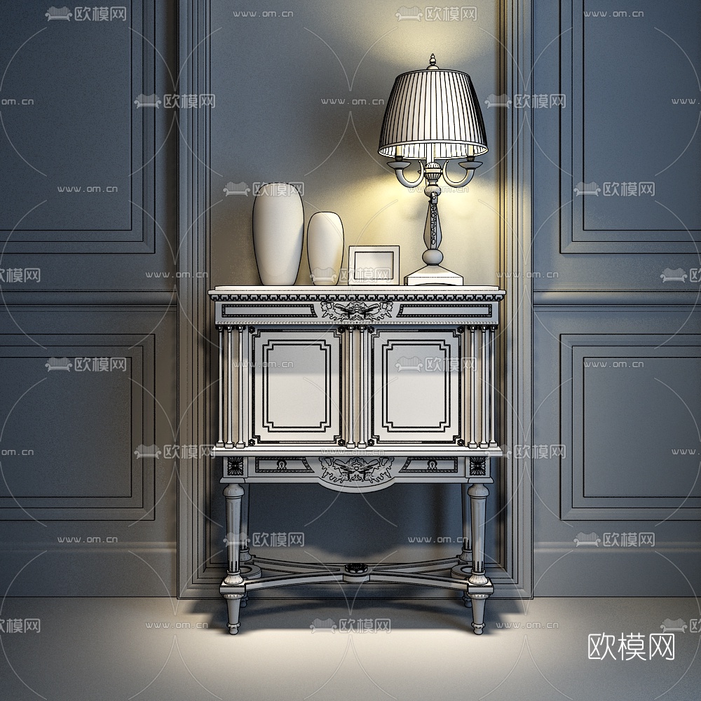 欧式古典金箔玄关端景柜台灯摆件3D模型下载（渲染图2）