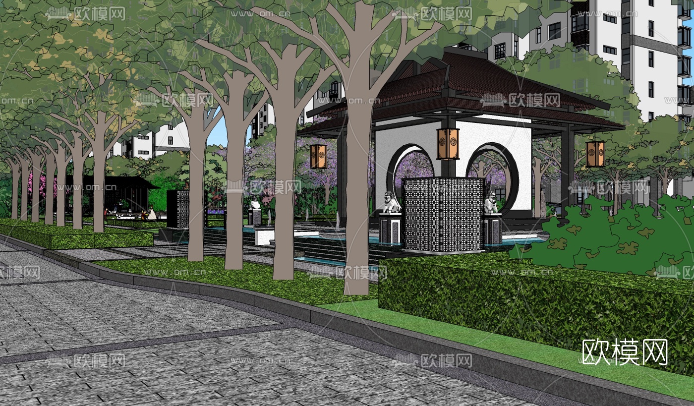 中式园林景观su模型下载（渲染图2）