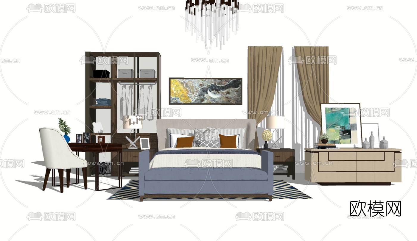 现代双人床组合su模型下载（渲染图1）