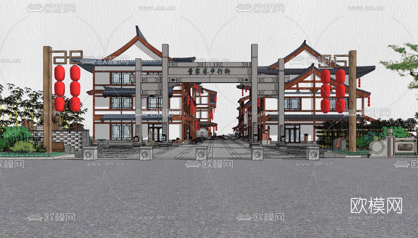 中式民俗商业街su模型下载（渲染图1）
