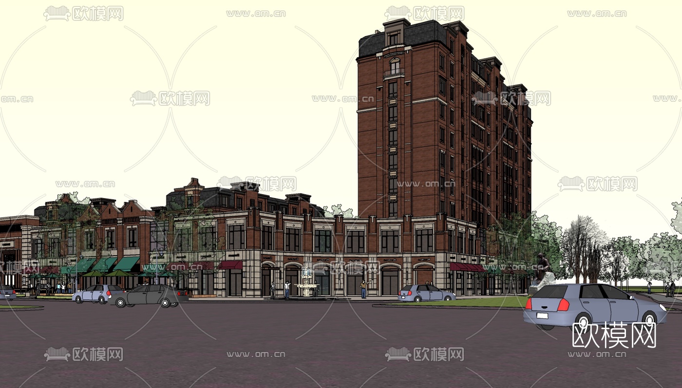 欧式商住综合楼su模型下载（渲染图2）
