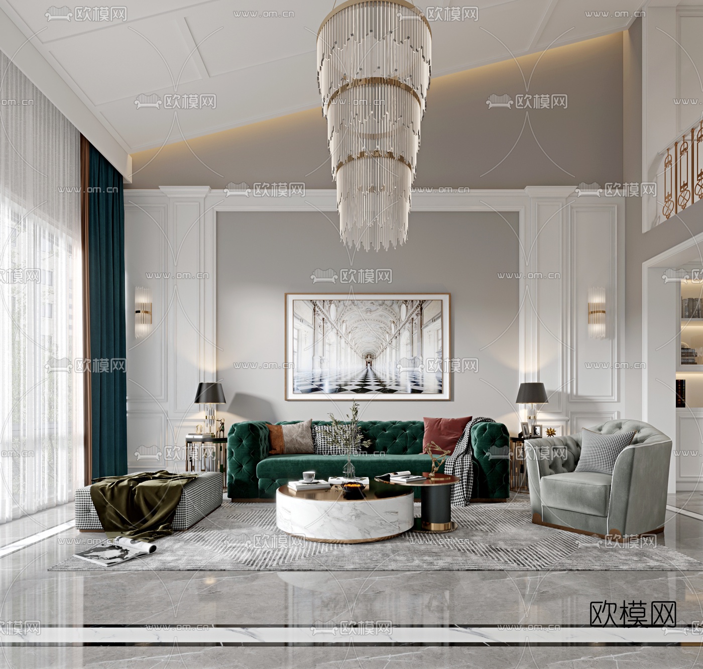 美式别墅客厅餐厅3d模型下载（渲染图1）