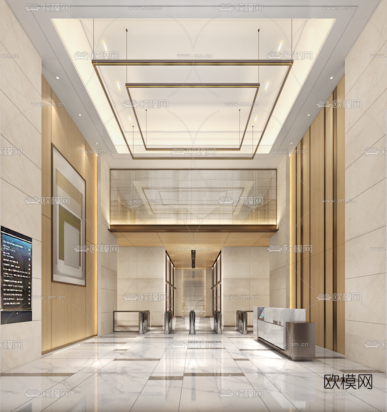 现代办公楼大堂电梯厅3d模型下载（渲染图1）