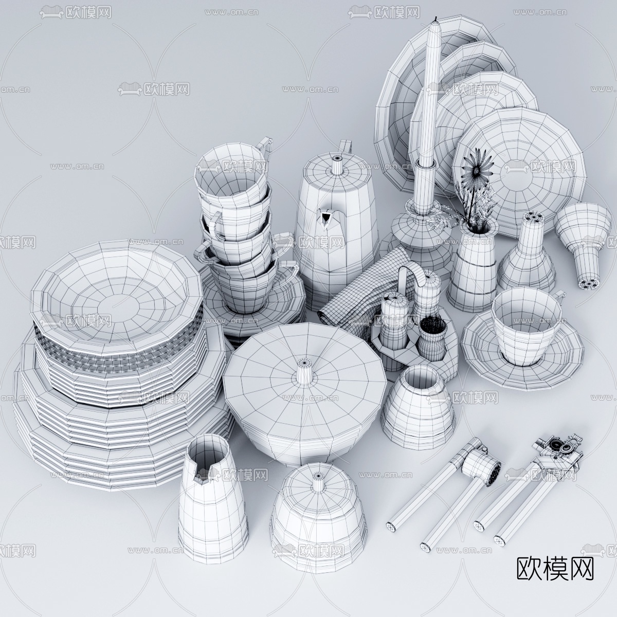 现代陶瓷餐具组合3d模型下载（渲染图2）