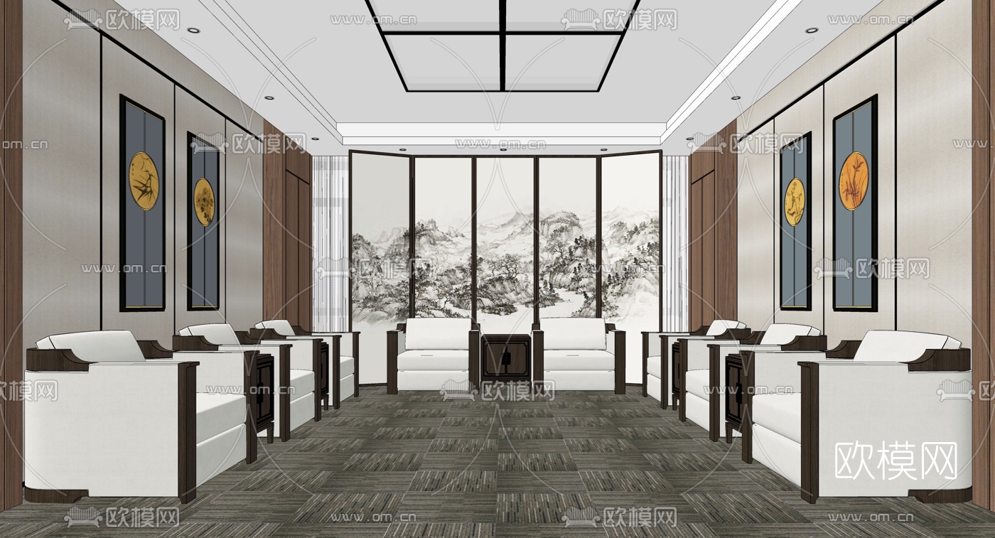 新中式接待室su模型-免费3dmax模型库-欧模网
