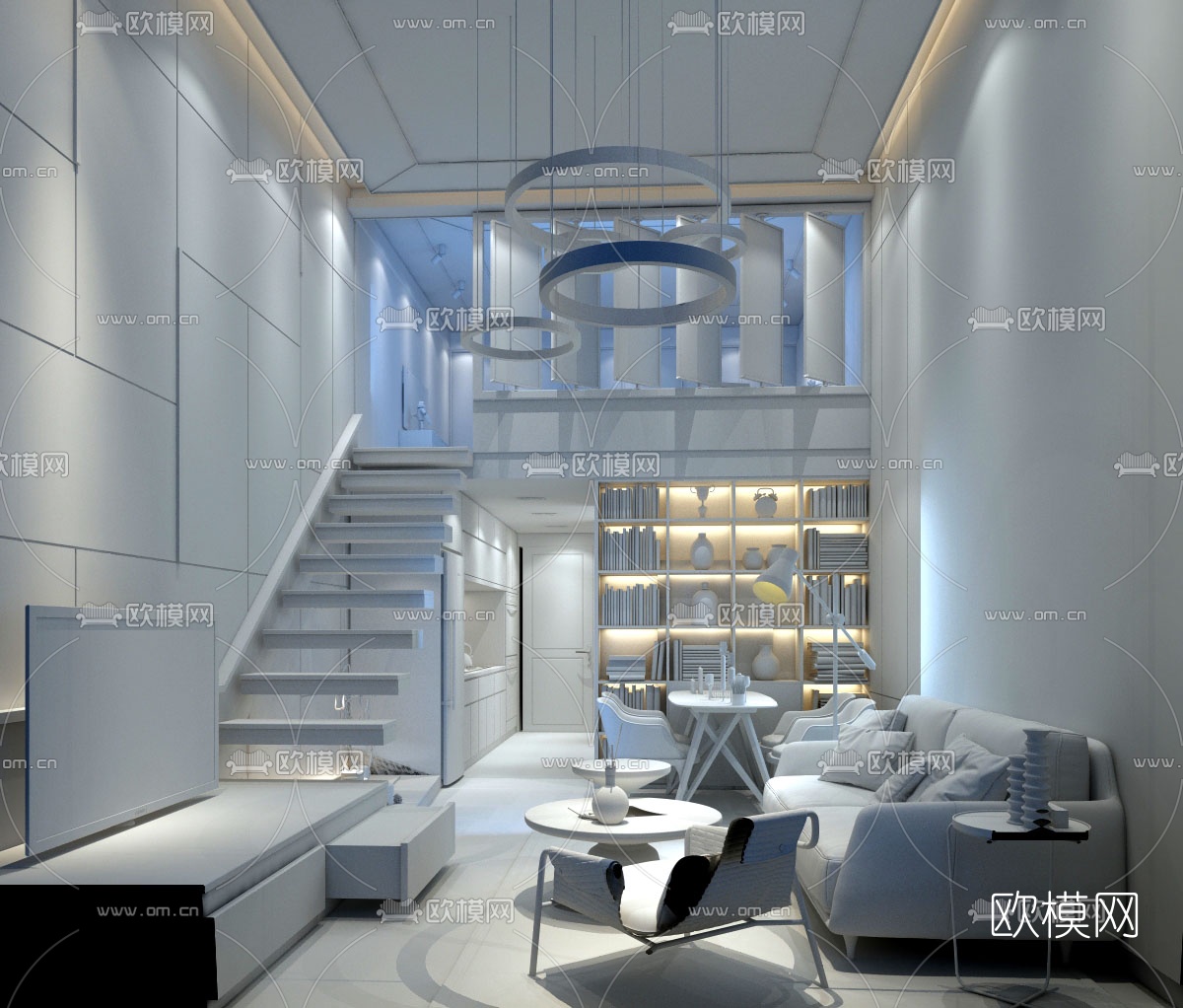 现代LOFT公寓客厅厨房3d模型