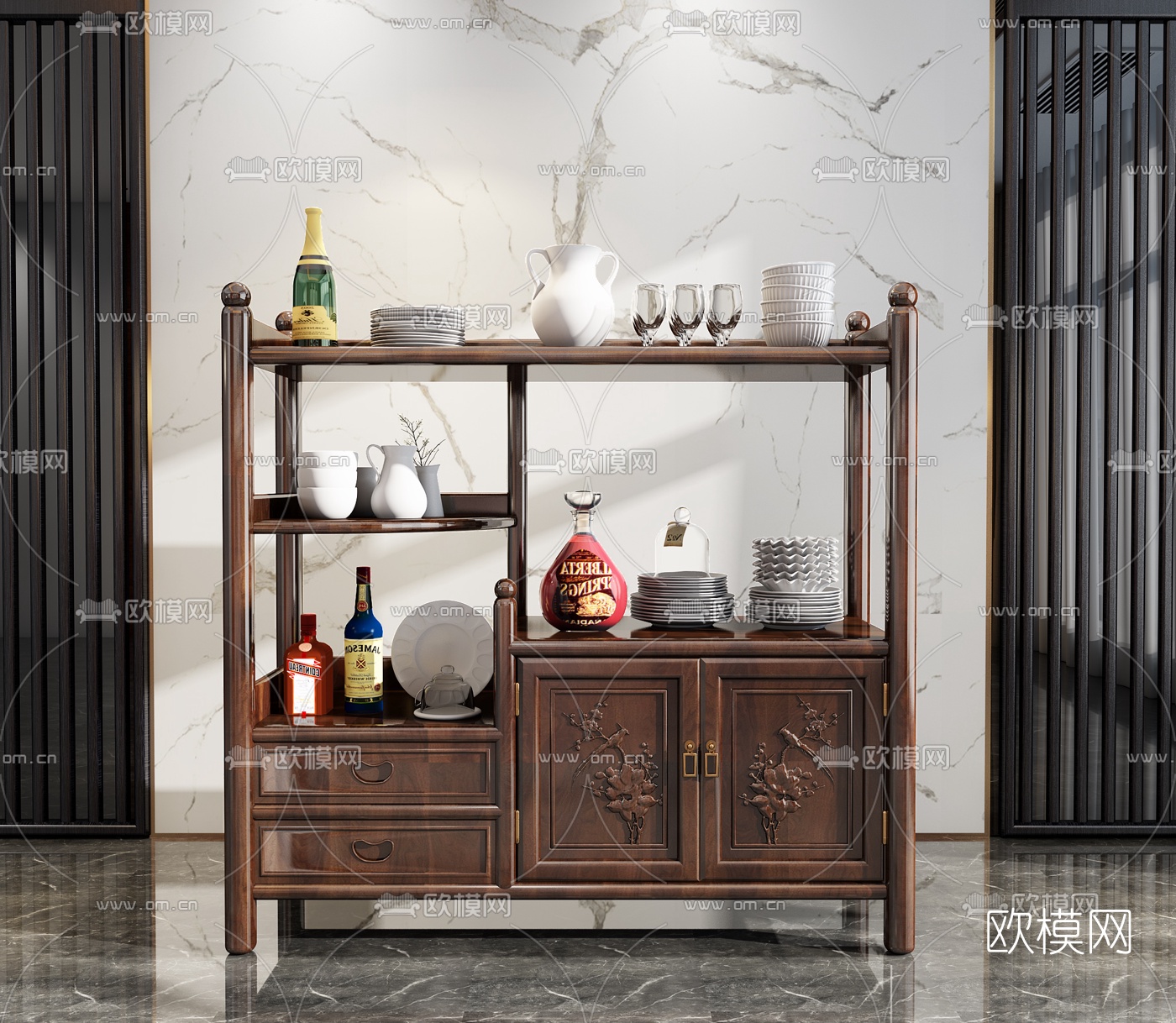 中式实木餐边柜3d模型下载