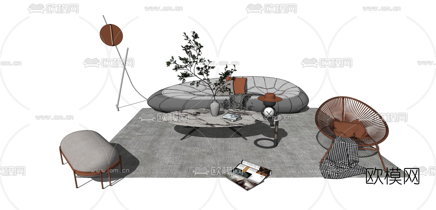 现代布艺沙发组合su模型-免费3dmax模型库-欧模网