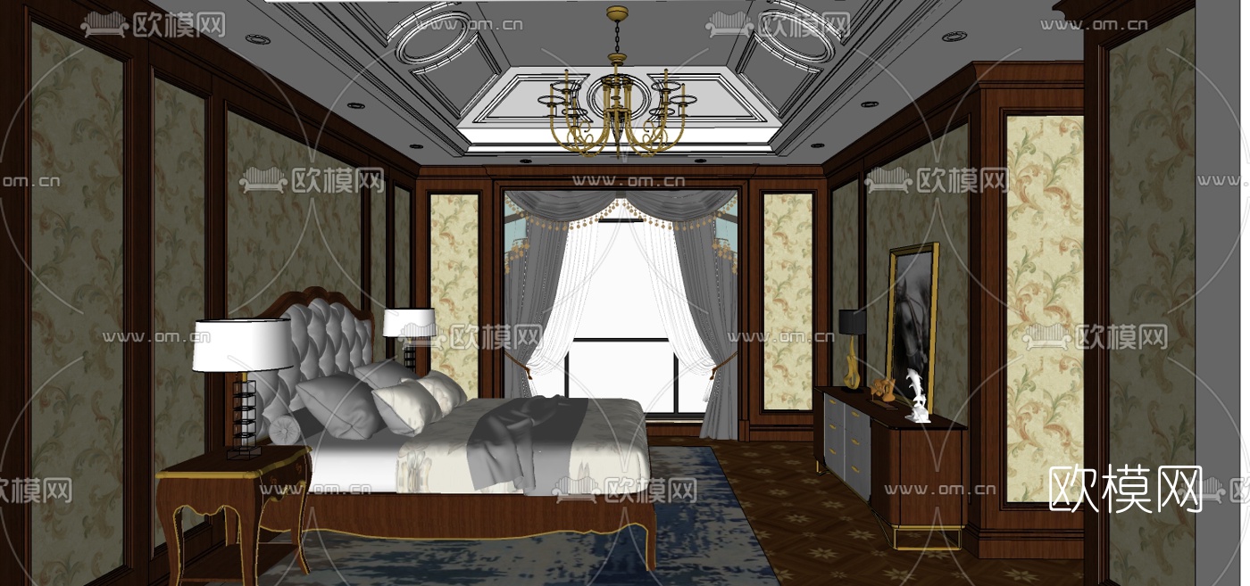 欧式古典卧室主人房su模型下载（渲染图2）