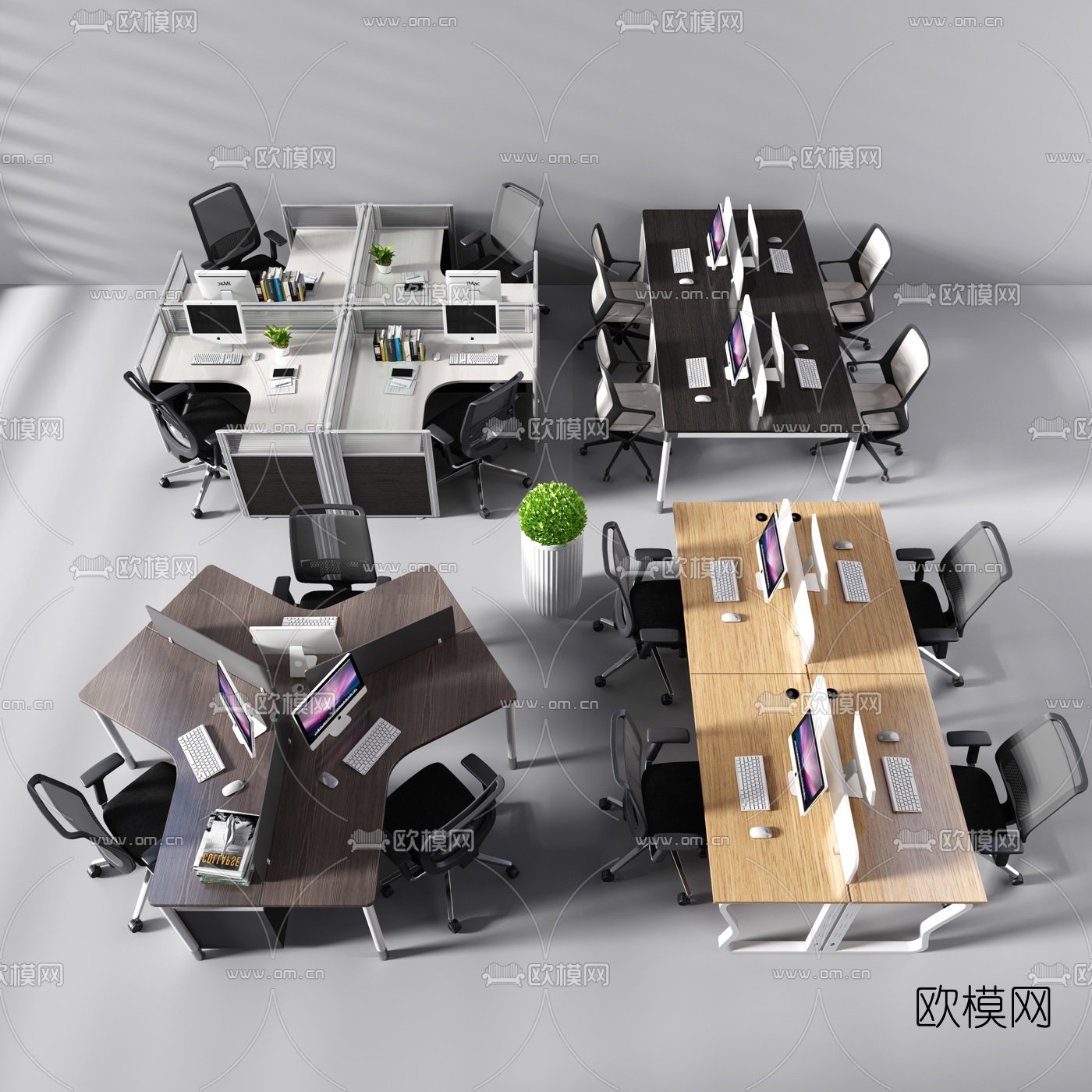 现代办公桌椅盆栽摆件组合3D模型下载