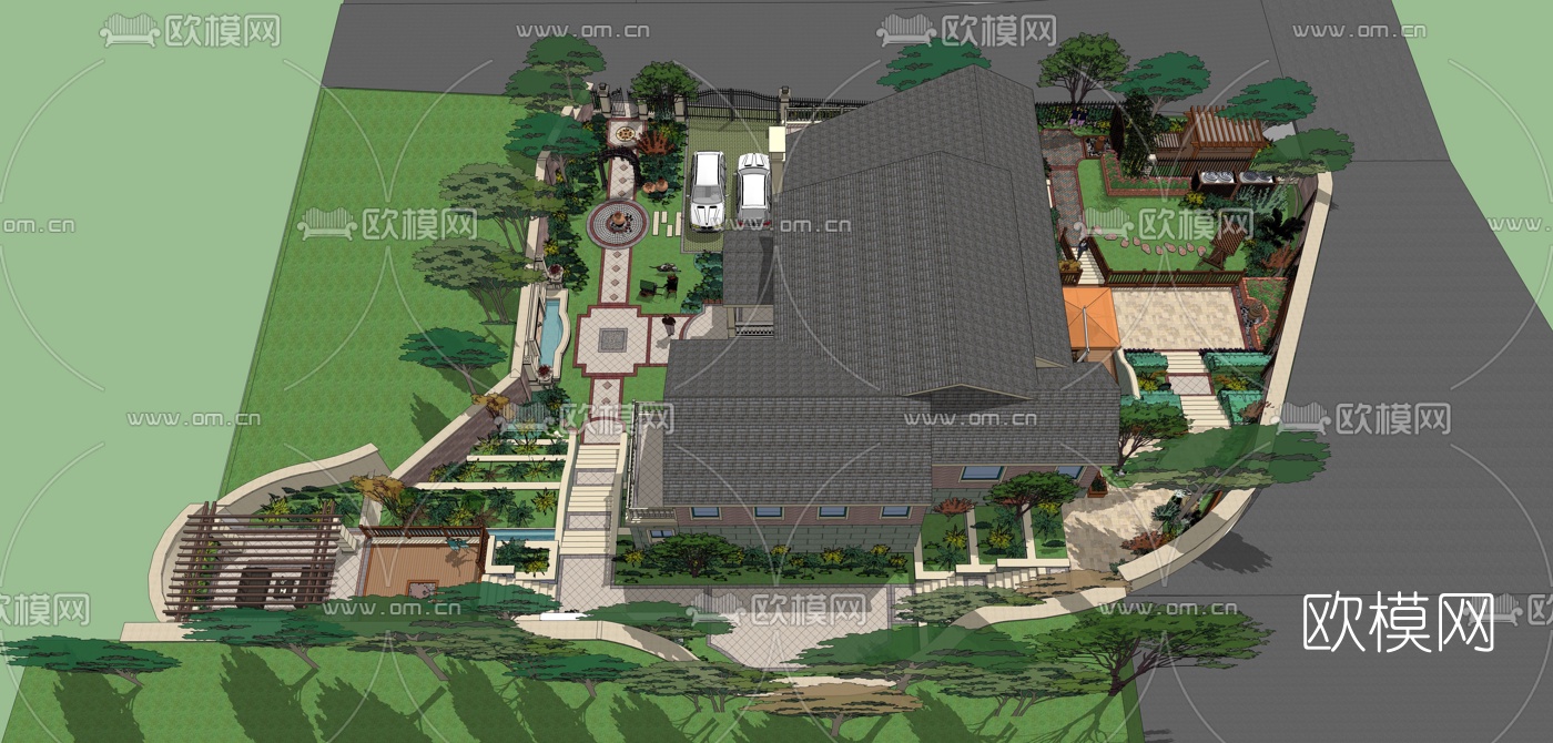 欧式独栋别墅su模型下载（渲染图1）