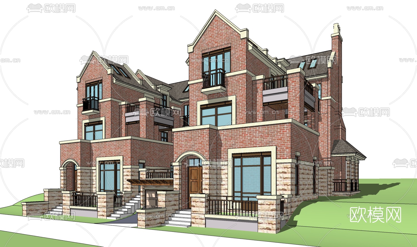 欧式连排别墅免费su模型下载（渲染图1）