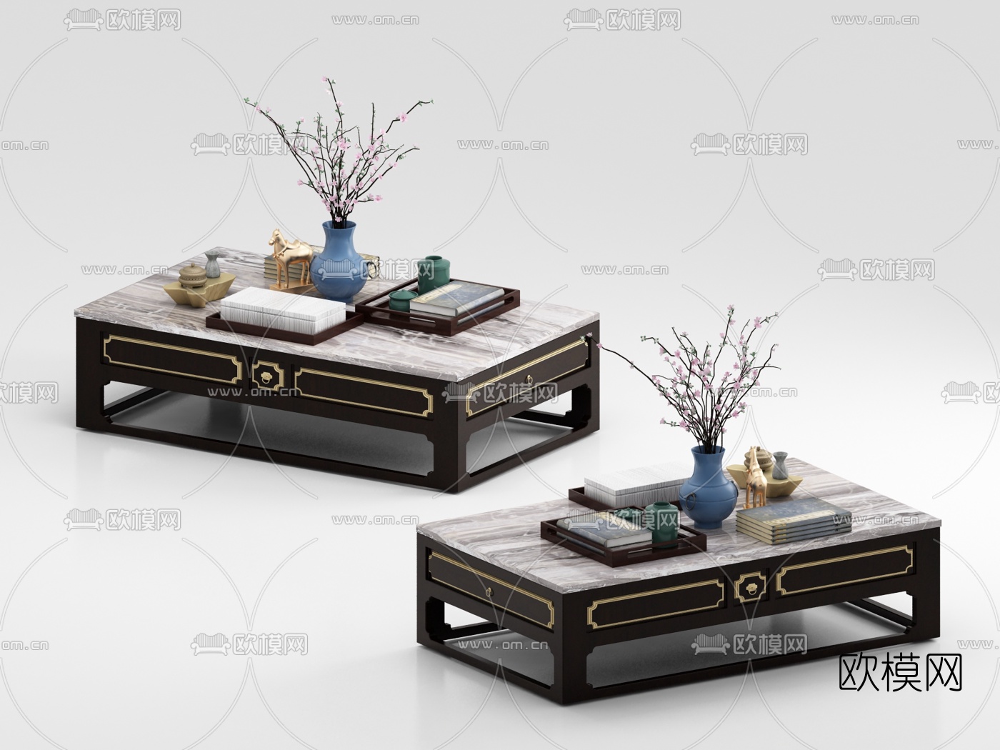 新中式实木大理石茶几3d模型下载